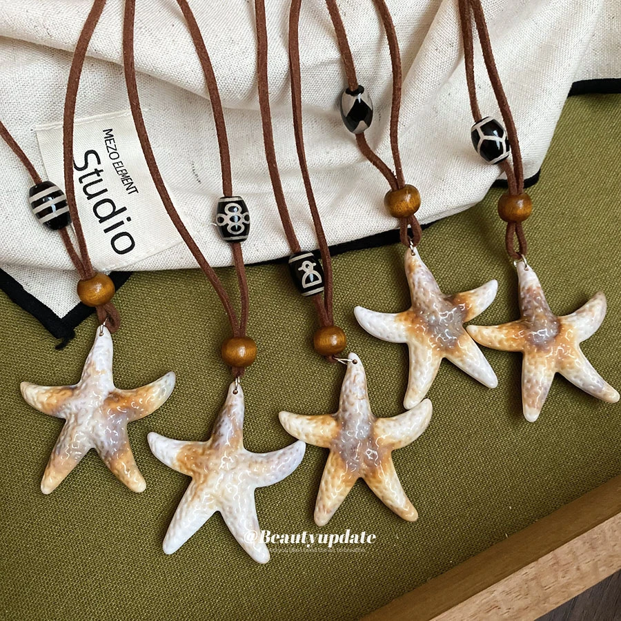 合金项链 海星木珠吊坠项链海边度假风锁骨链设计感项饰毛衣链