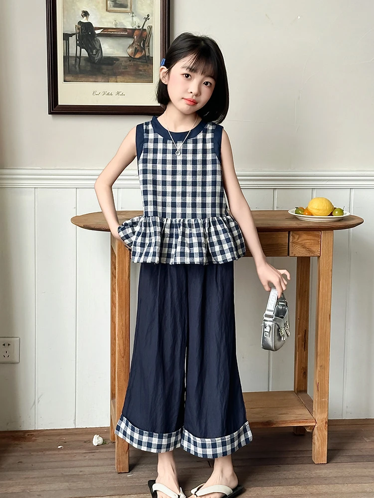 女童韩版休闲儿童无袖夏季格子女孩时尚套装2025中大童5-12岁15岁