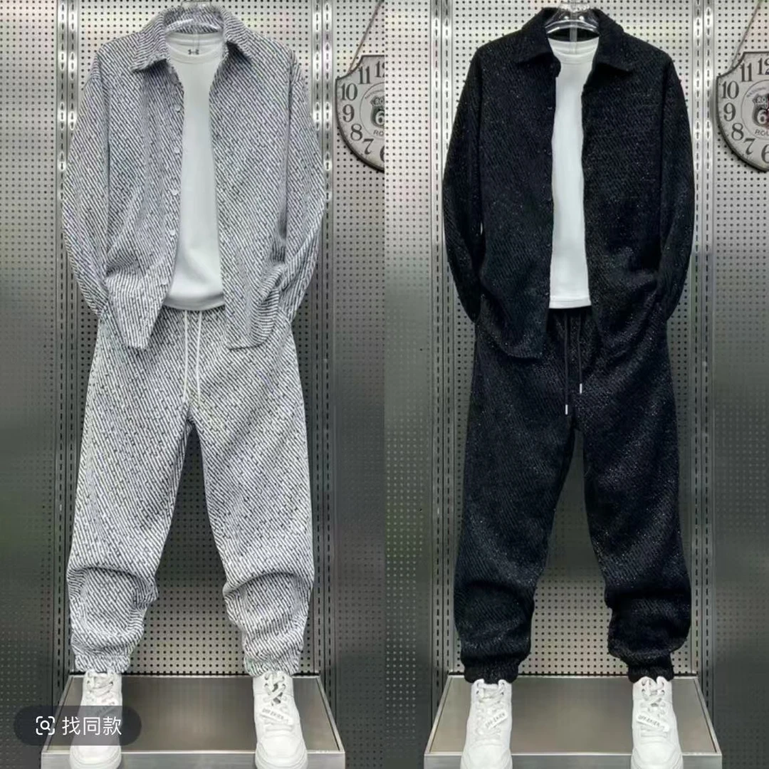 春季新款衬衫套装时尚宽松男士上衣休闲裤一整套休闲衬衣长裤套装