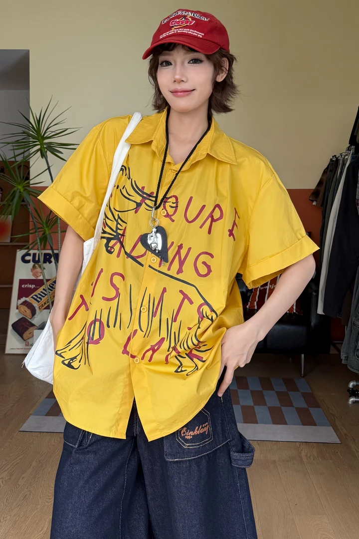 壹三三  手绘小狗卡通衬衣轻薄美式复古宽松休闲夏新款情侣百搭