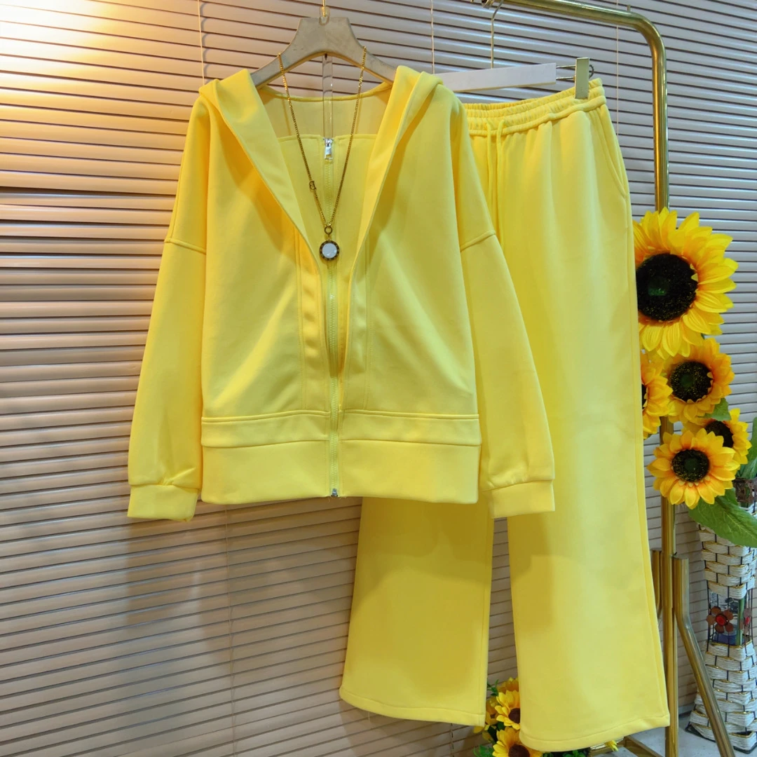 韩版休闲拉链款连帽上衣外套卫裤百搭两件套胖妹妹新款大码套装潮
