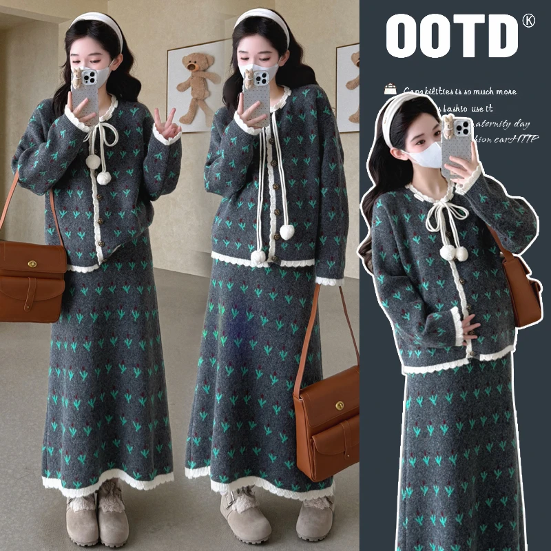 孕妇装2025秋冬新款孕妇系带设计感气质韩显瘦开衫半身裙毛衣套装