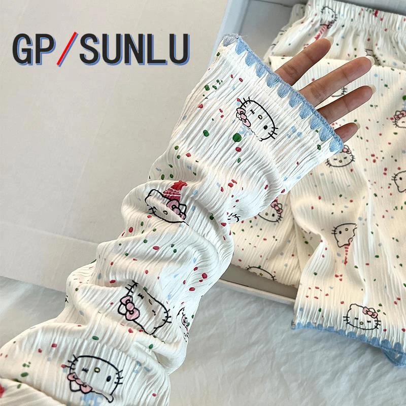 日本小众GP棉质睡衣女春秋季kitty猫长袖甜美波点家居服夏天可外