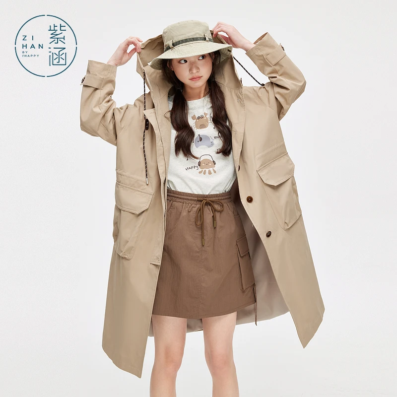 紫涵工装休闲连帽风衣女中长款2025春季新款简约外套Z5Z01AN049