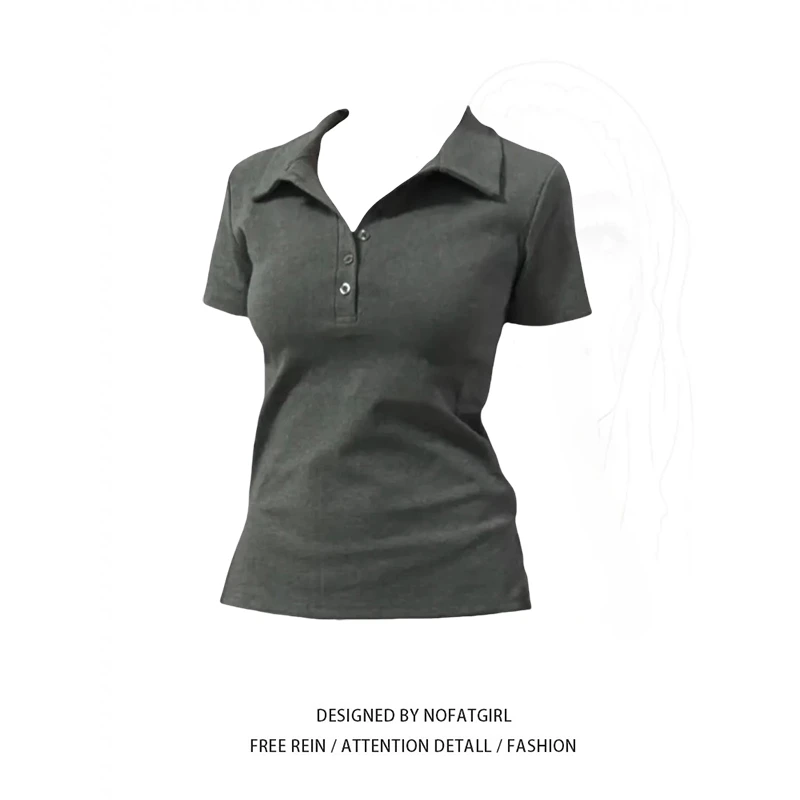 黑色POLO领正肩短袖T恤女2025初夏穿搭修身显瘦百搭半袖体恤上衣