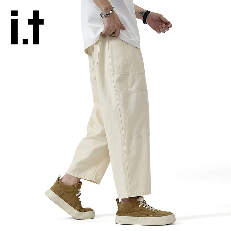 it izzue夏季纯棉薄款休闲裤男士潮流百搭宽松直筒简约纯色八分裤