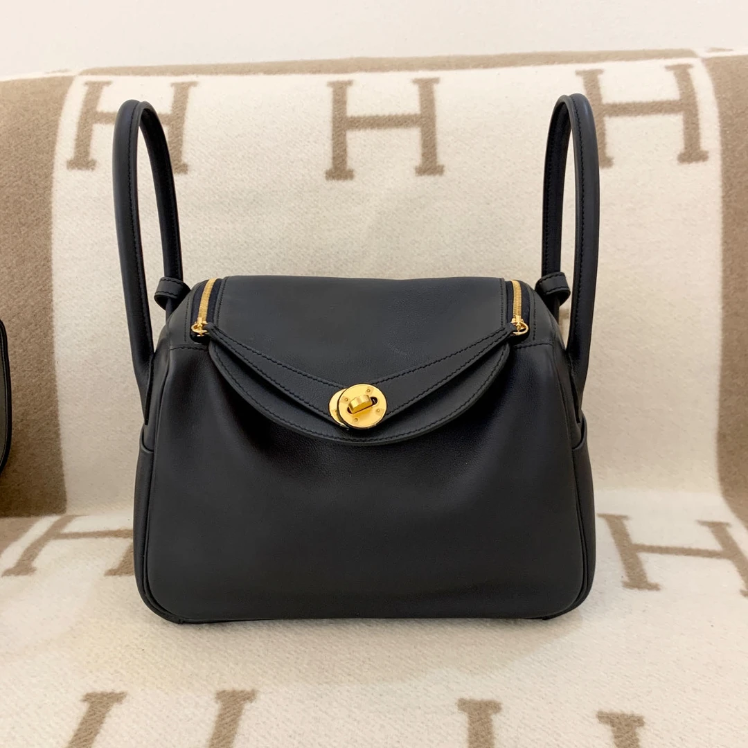 99新 Hermes/爱马仕 lindy 26 C s皮 印度蓝 火焰橙手提包0525q3