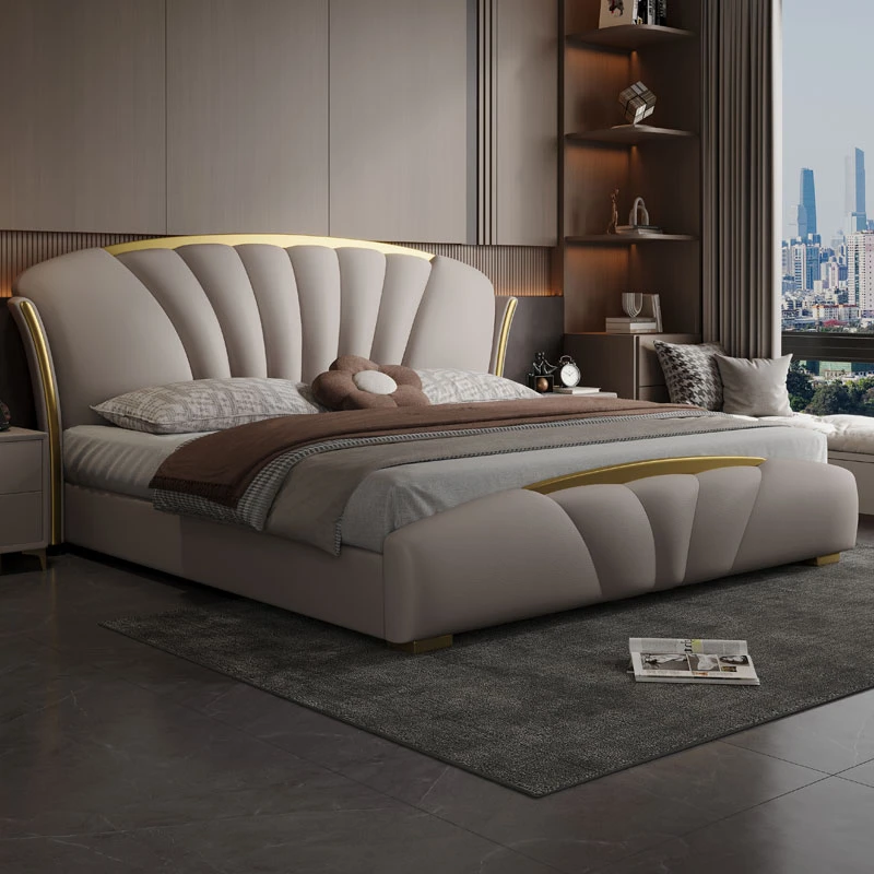 轻奢真皮意式主卧床网红简约家用皮艺大床高箱储物新款床