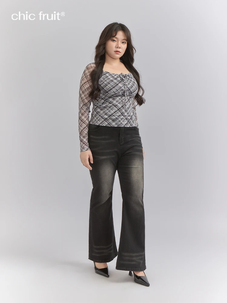 Chic Fruit大码微胖直筒型高腰休闲风牛仔喇叭裤修身