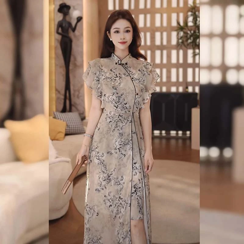 【有里布】新款夏日高级气质国风高腰显瘦连衣裙D2170