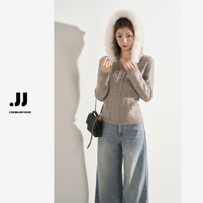 【北欧周末】H1017 甜美设计麻花针织连帽外套上衣女