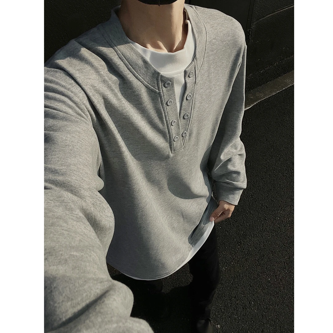 隐匿者2025春季新款德绒男士假两件长袖T恤港风潮流亨利领长袖T恤