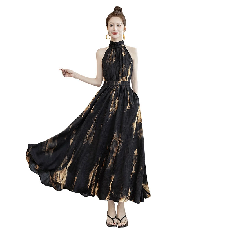 丝柏舍2025夏季新款女装收腰无袖中长款印花挂脖连衣裙S52B1834L