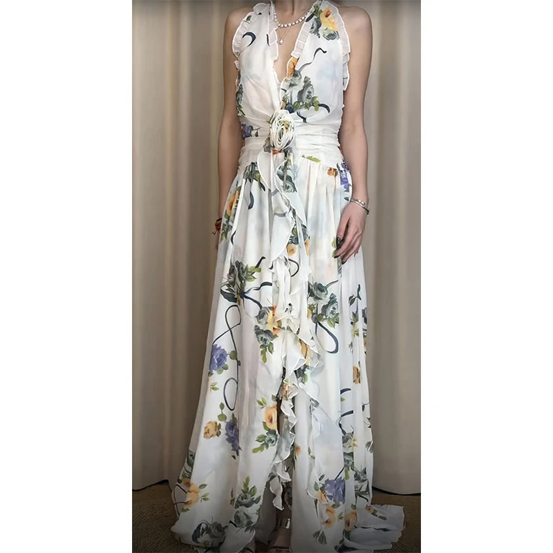 法式印花v领挂脖吊带连衣裙女夏季海边度假风绝美收腰开叉长裙子