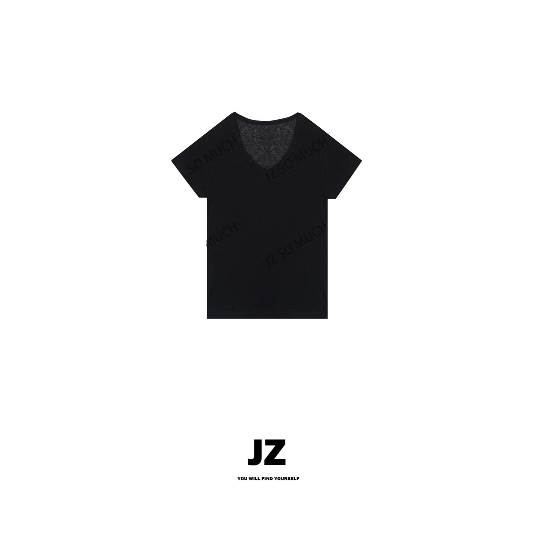 金子/JZ SO MUCH【锁骨微漏T】棉感纸感微透纸片感锁骨V领T恤