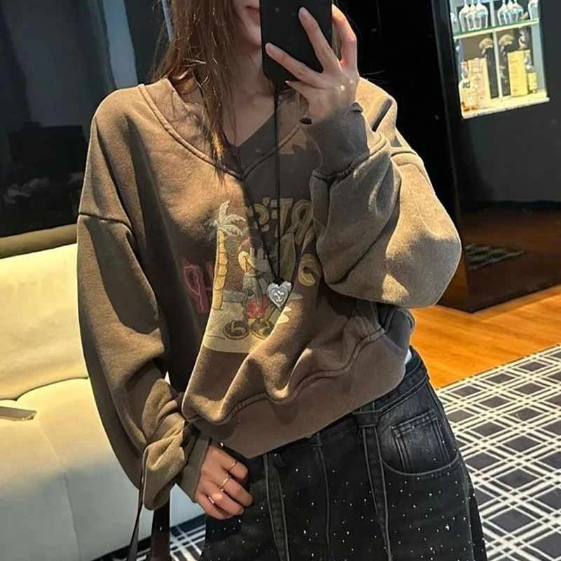 【趣味卫衣】秋冬新款复古趣味印花加绒卫衣女宽松V领上衣
