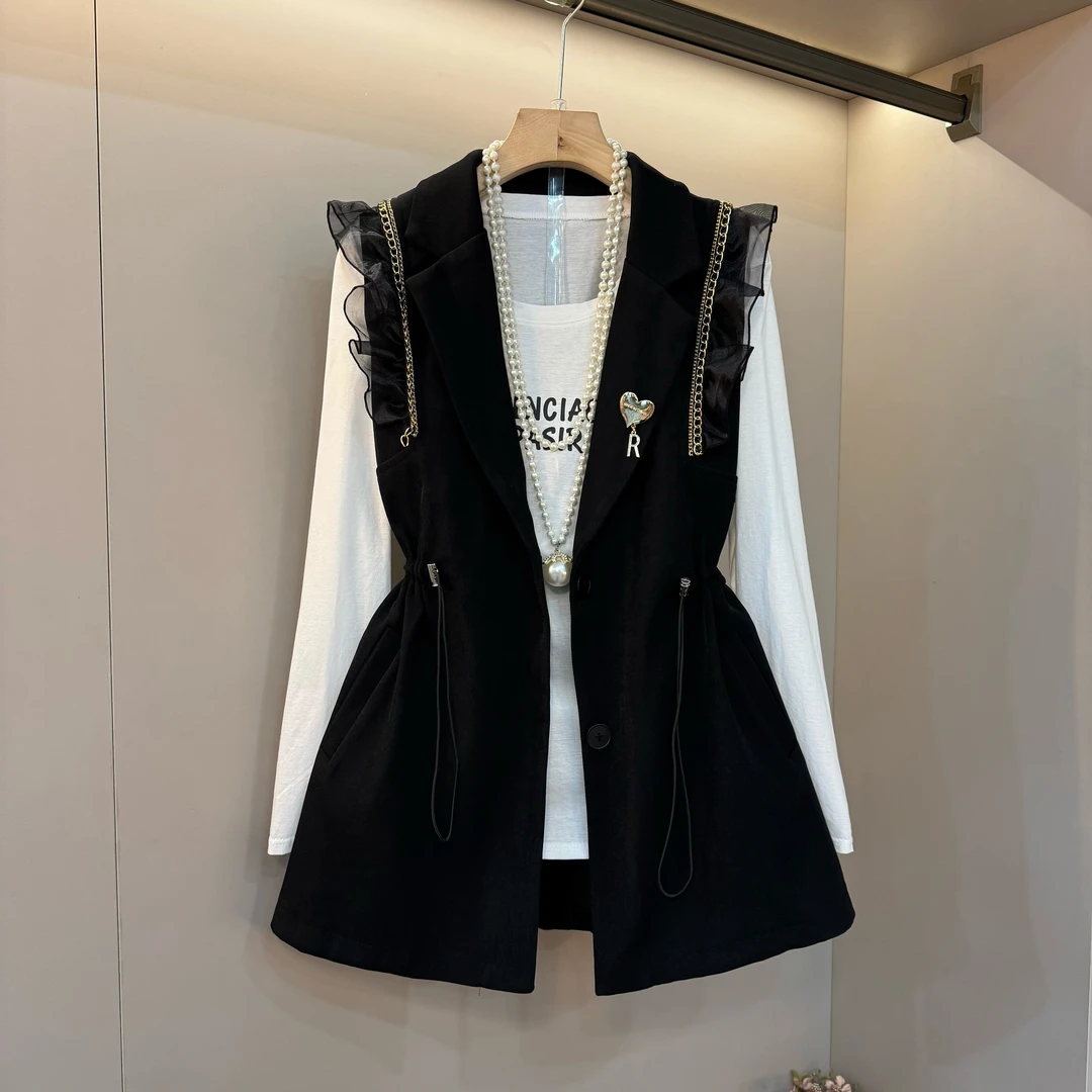 大码女装西装新款宽松木耳边显瘦时尚马甲字母内搭套装两件套上衣