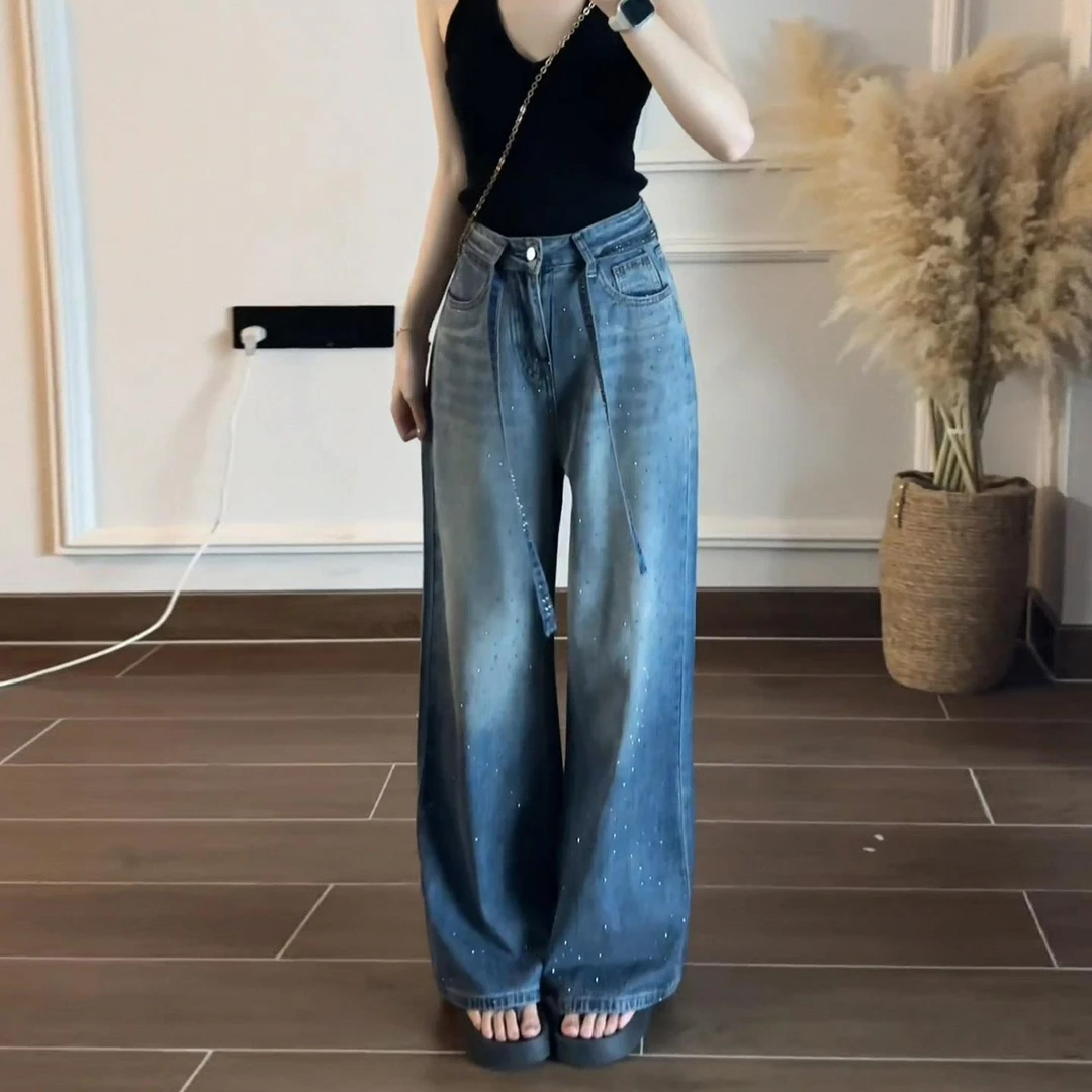 渐变色满天星烫钻阔腿牛仔裤女夏薄款2025新款高腰显瘦垂感拖地裤