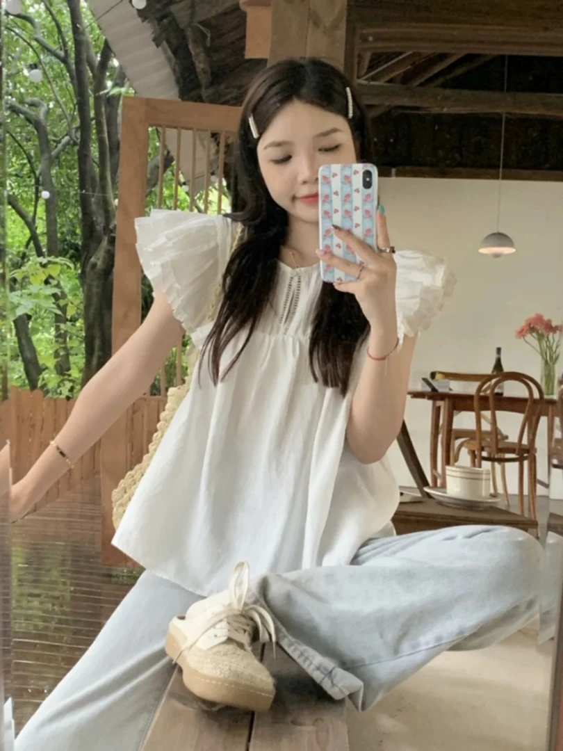 13192复古木耳边小飞袖无袖衬衫娃娃衫女夏季褶皱显瘦宽松上衣