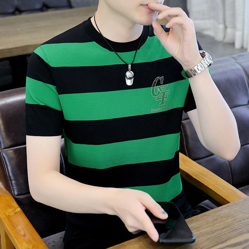 2025夏季新款圆领男士短袖T恤冰麻条纹半袖t恤上衣针织衫打底薄款