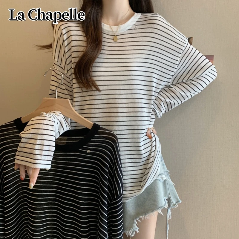 拉夏贝尔早秋大码女士针织衫薄款条纹圆领防晒T恤中长款外搭打底