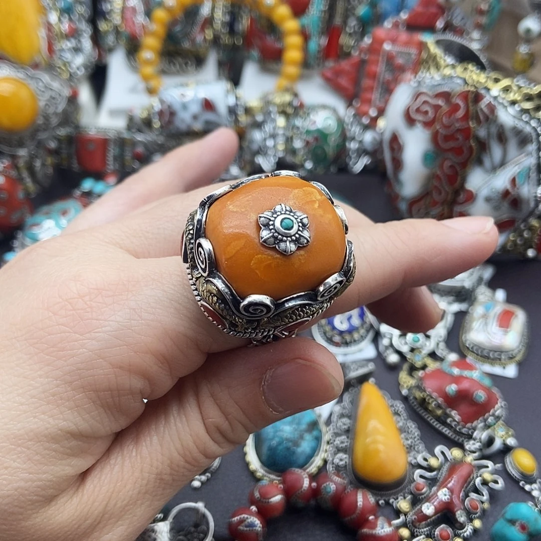 蜜蜡银S925镶嵌戒指坤尼泊尔手工制作