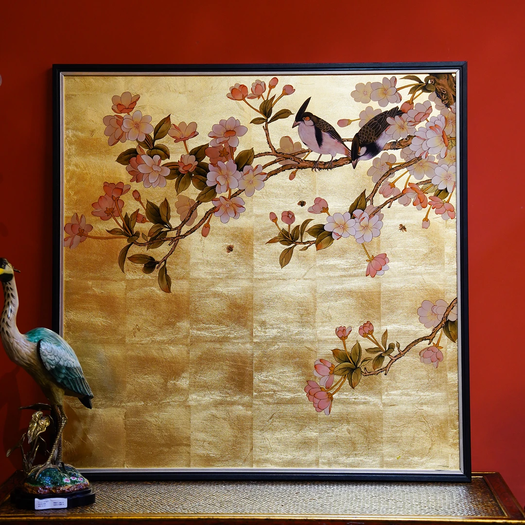 【本尼家】PF30手工贴金箔喷绘《喜上枝头》客厅装饰画玄关沙发挂画