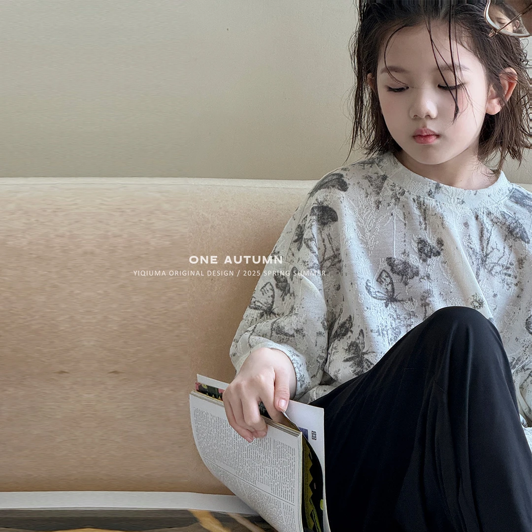 现货「ONE AUTUMN」【绘本】女中大童夏蝴蝶印花短袖T恤上衣GX1144
