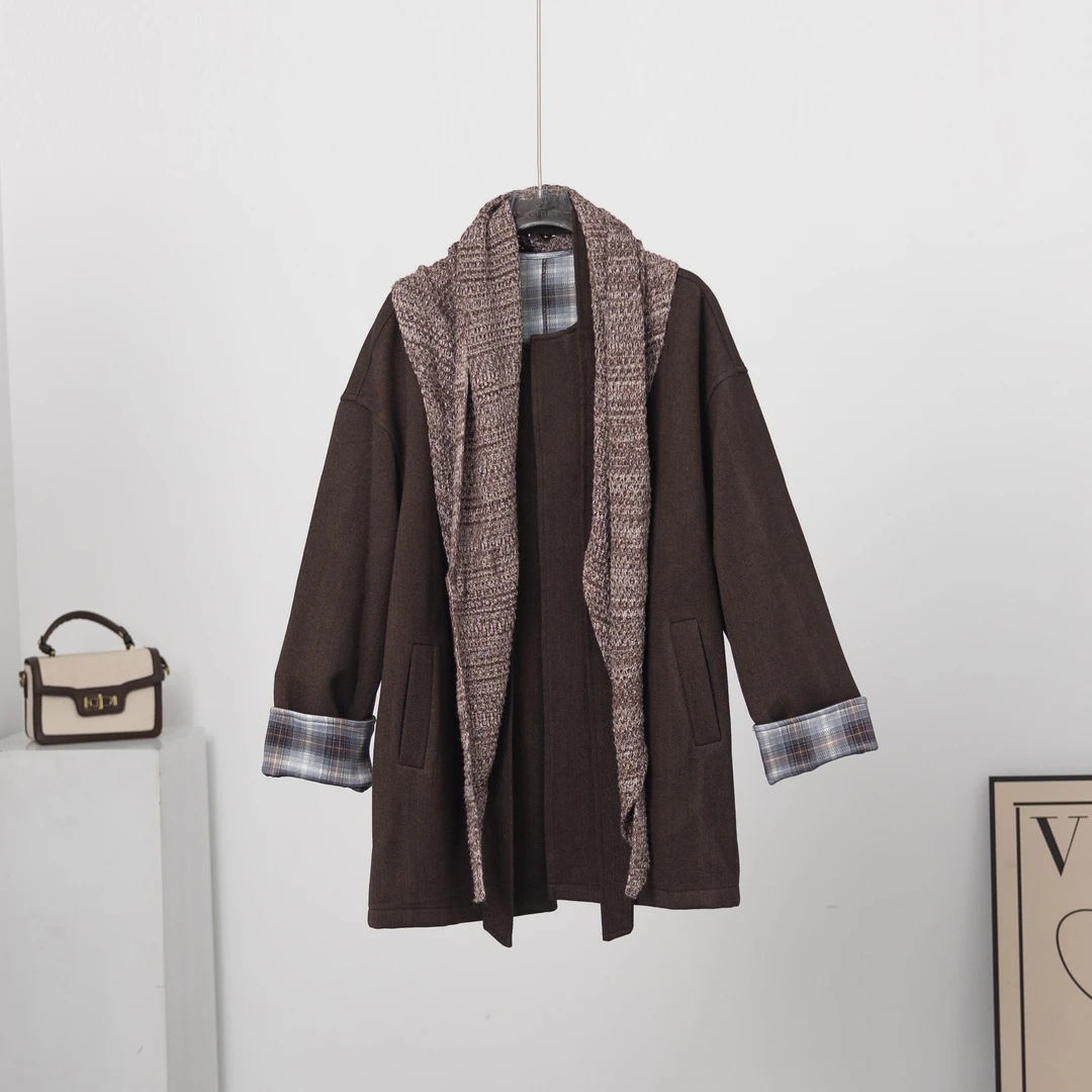 无印心匠A537 针织披肩腰带风衣外套女韩系格纹拼接高级感k2230