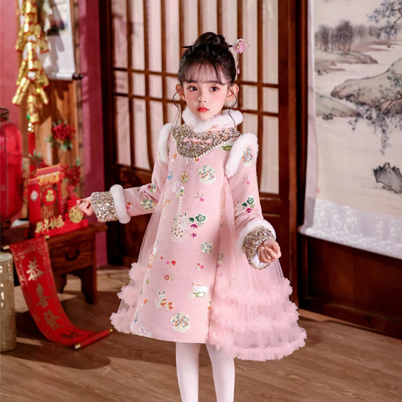 女童中国风旗袍裙冬装2025新款洋气儿童唐装拜年服女孩新年公主裙