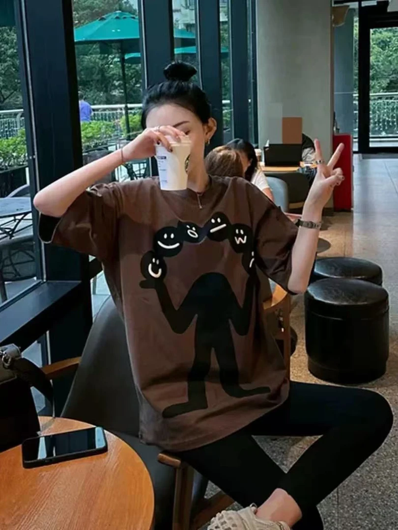 卡通印花短袖T恤女新款宽松减龄圆领上衣 8509