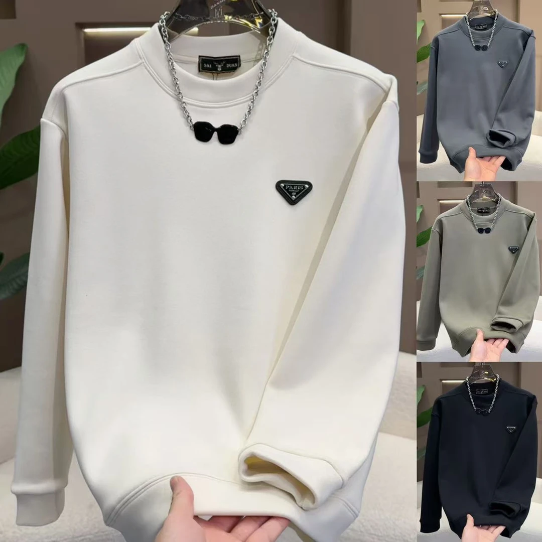 冬季潮流网红痞帅时尚简约百搭不挑人金属三角标圆领加绒卫衣7713