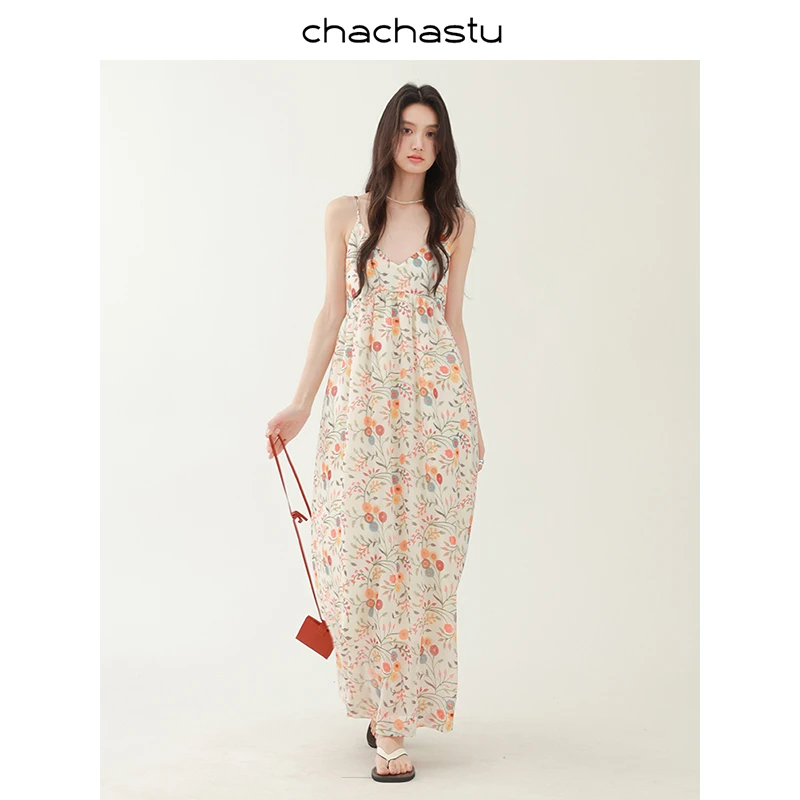 CHACHASTU法式度假风吊带连衣裙女夏季碎花裙子H4147W