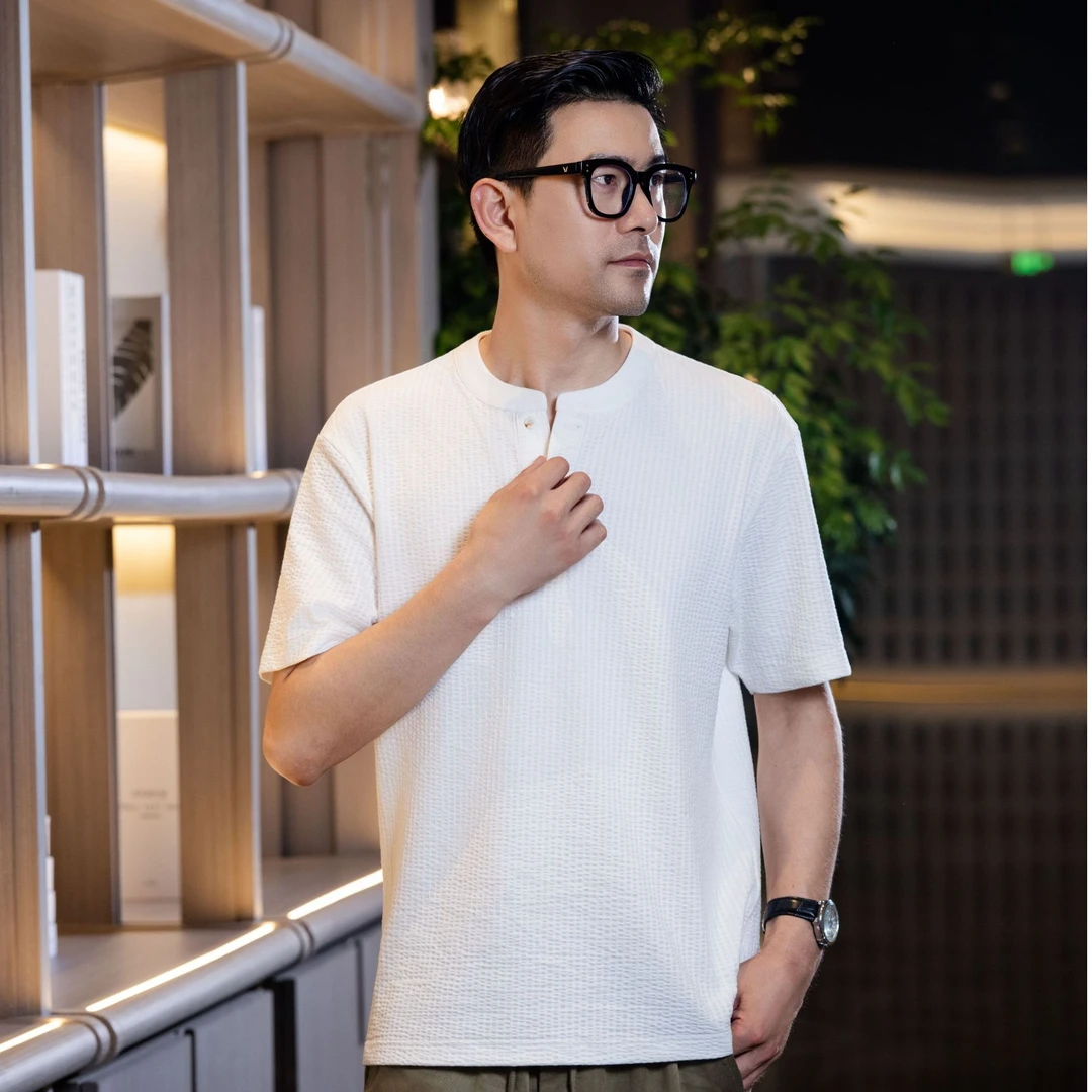 老钱风亨利领短袖T恤男夏季轻奢级美式肌理感半袖