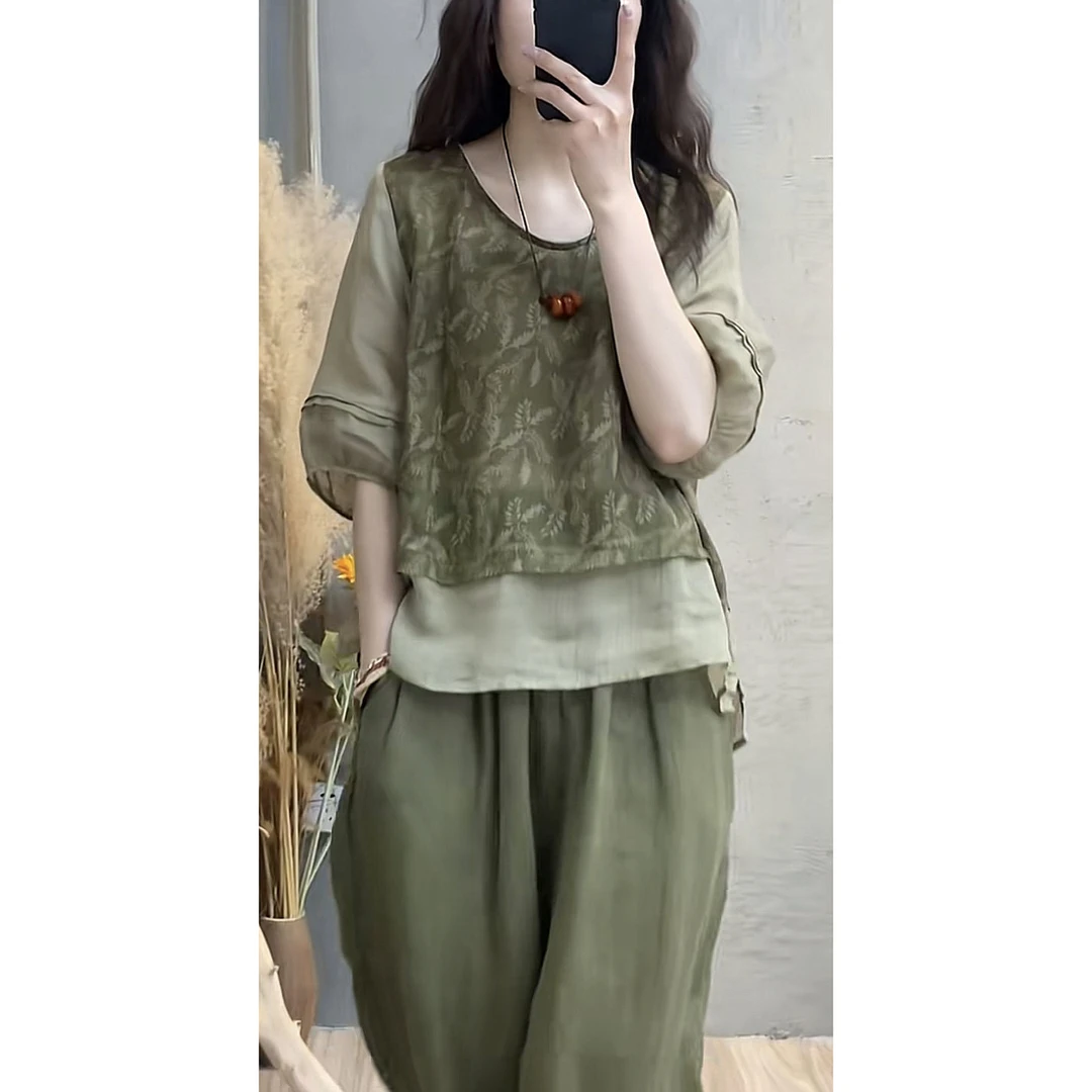 时尚棉麻套装女2025夏季新款印花拼接假两件上衣哈伦裤显瘦两件套