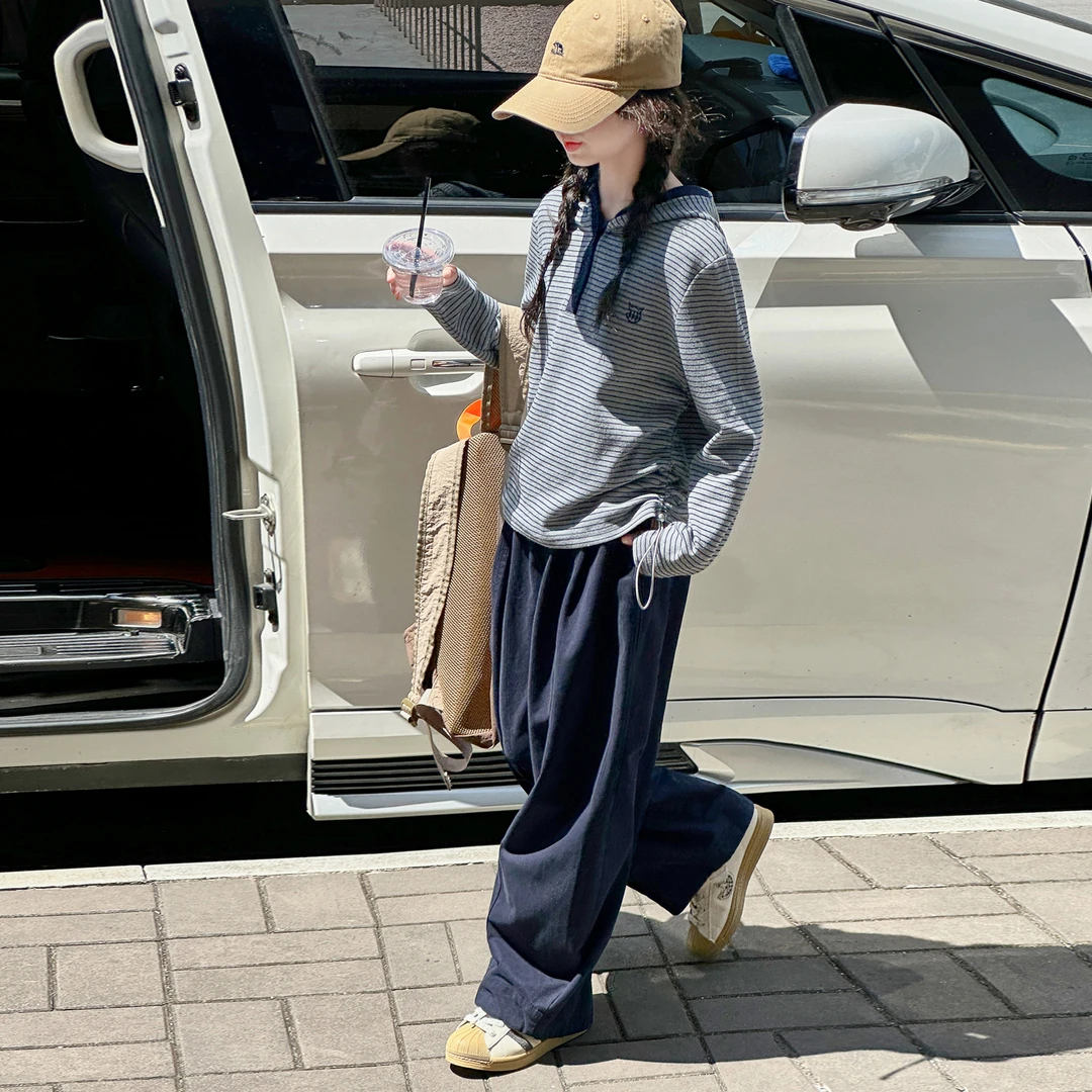 女童卫衣春秋款套装2025新款儿童韩系穿搭条纹打底衫中大童两件套