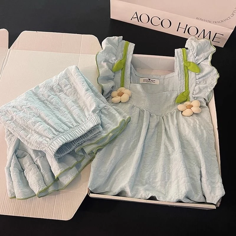 网红ins风睡衣女夏季带胸垫蓝色背心短裤甜美花边棉质家居服套装