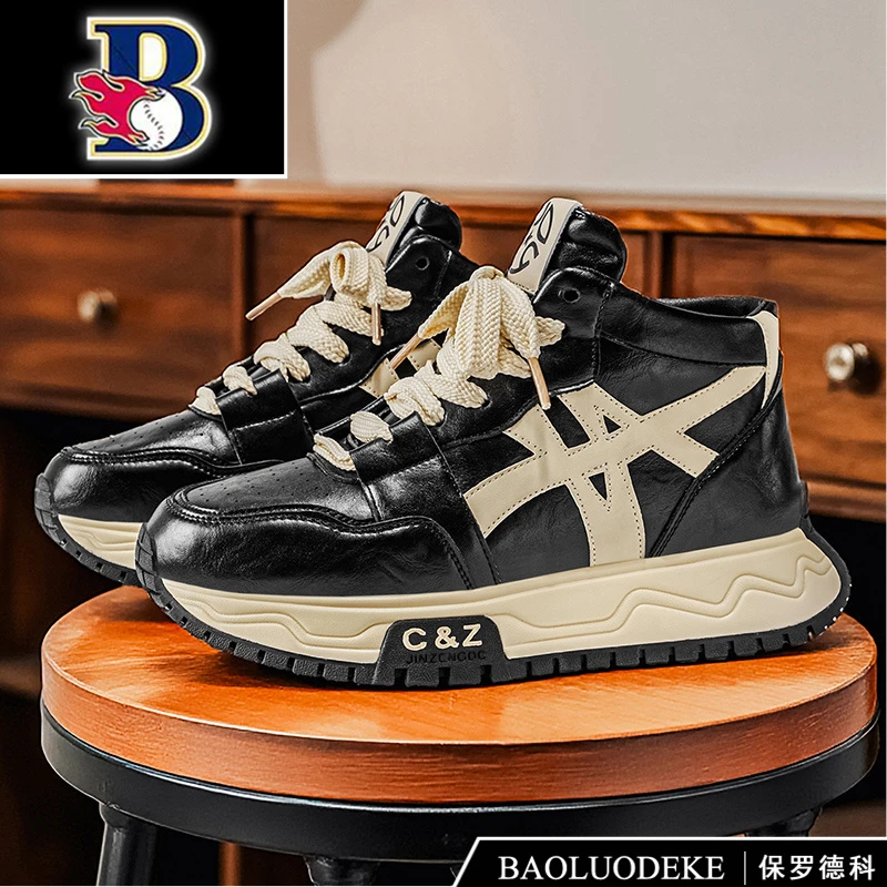 保罗德科男鞋新款高帮休闲鞋户外运动鞋百搭潮流潮鞋撞色厚底增高