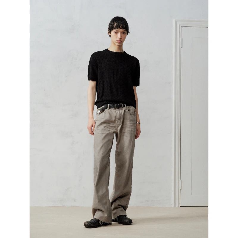 Rustynaill&ontheMoss手工做脏灰卡其立体猫须宽松直筒休闲牛仔裤