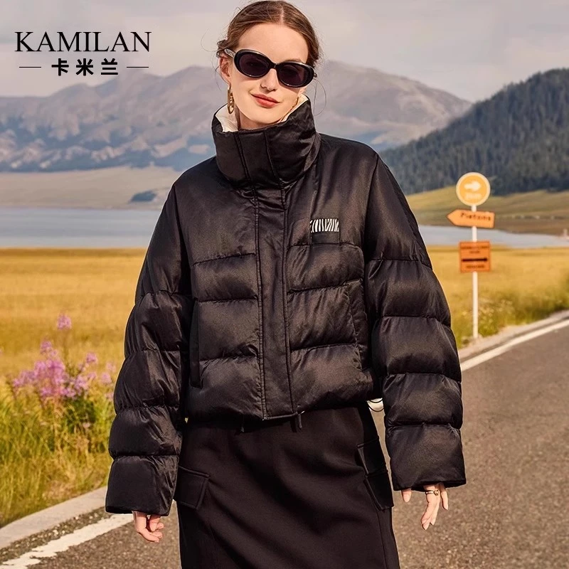 卡米兰气质短款白鹅绒羽绒服女2023冬季新款字母印花鹅绒服外套