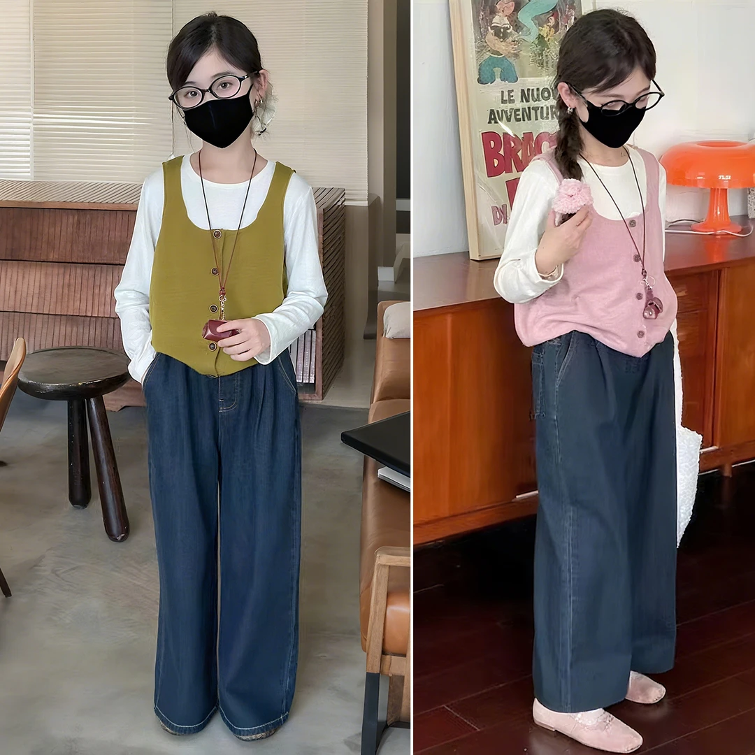 【直播专属】儿童秋季新款女童休闲打底韩版背心百搭牛仔裤三件套