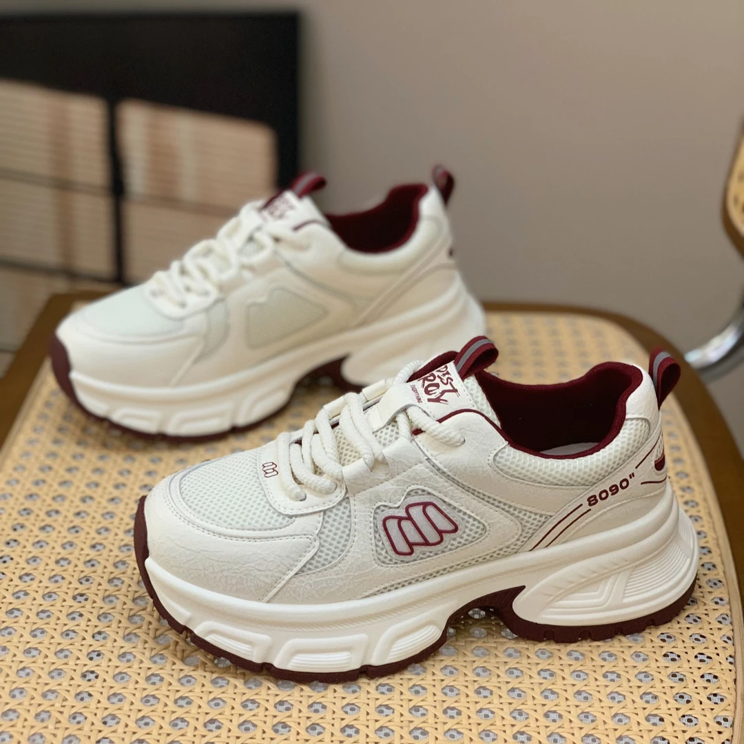 小个子轻便厚底老爹鞋女2025春季新款百搭舒适网面透气真皮休闲鞋