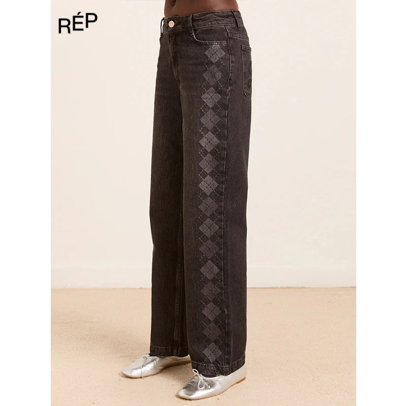 REP-DAMSON MADDER设计师品牌灰色格纹印花牛仔裤 25FW秋冬新款