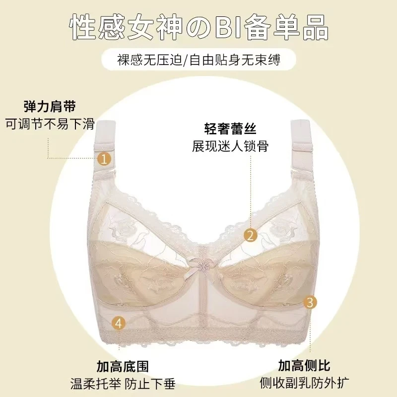 夏季新款大胸显小轻薄款聚拢文胸性感蕾丝无钢圈大码内衣女胸罩