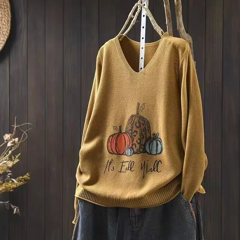 2025针织南瓜V领文艺复古针织衫女休闲百搭提花棉线套头上衣毛衣