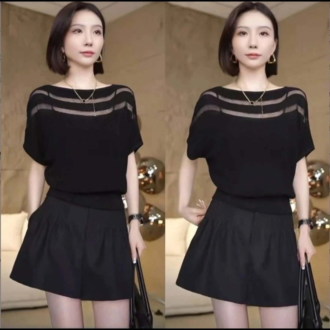 今年最火时髦减龄洋气别致宽松遮肚子一字领欧根纱拼接针织蝙蝠衫