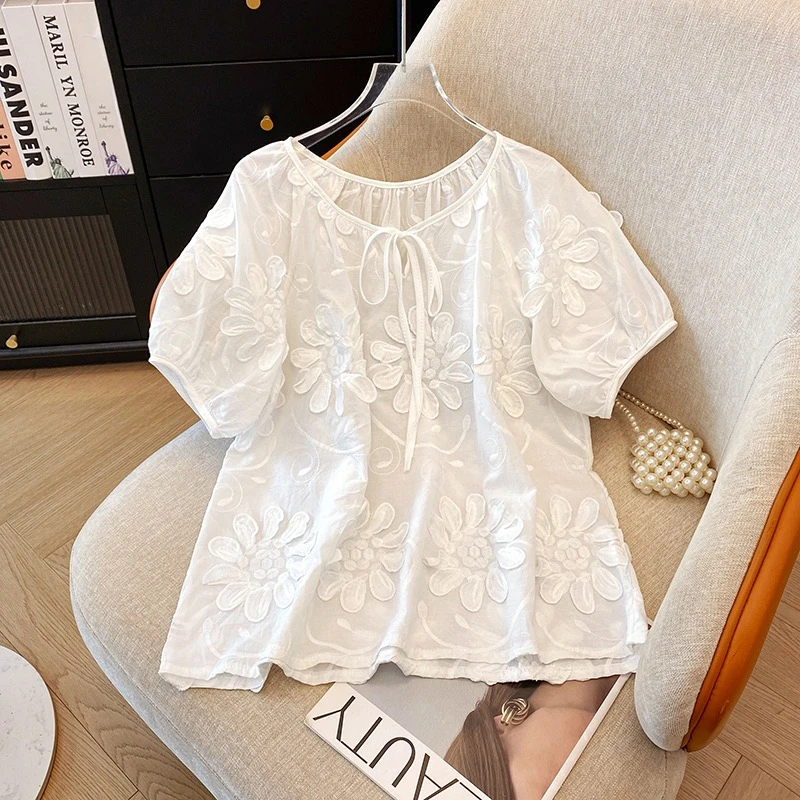 设计感立体花朵刺绣衬衫女2025夏韩版宽松时尚洋气超好看气质上衣