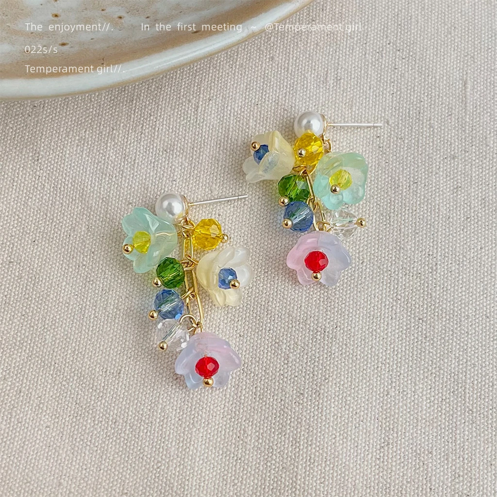 925银玻璃耳饰清新甜美铃兰花夏日新款原创设计手工玻璃水晶五彩