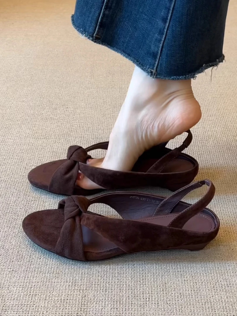 羊皮版~复古圆头露趾交叉坡跟凉鞋女真皮百搭简约气质罗马凉鞋