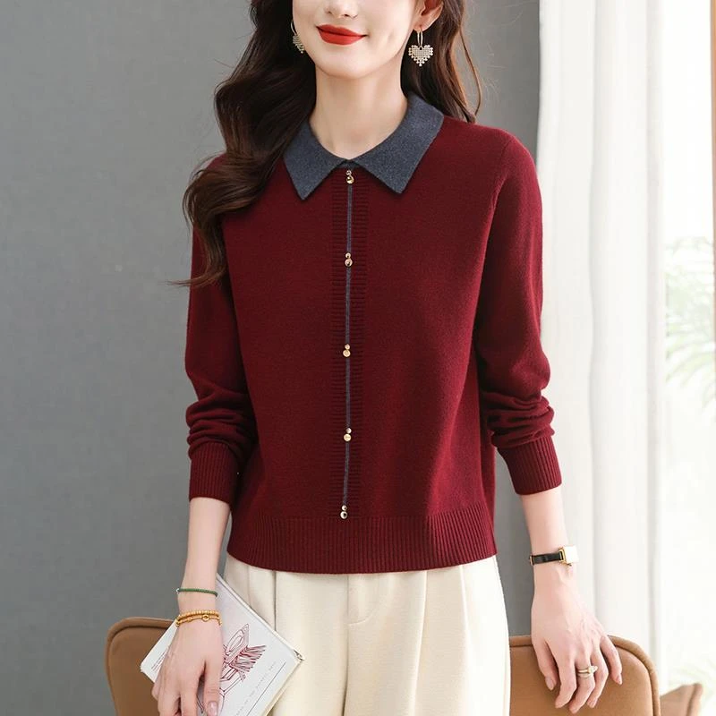 安可拉红翻领毛衣女冬季2024新款漂亮时尚洋气内搭羊毛针织打底衫